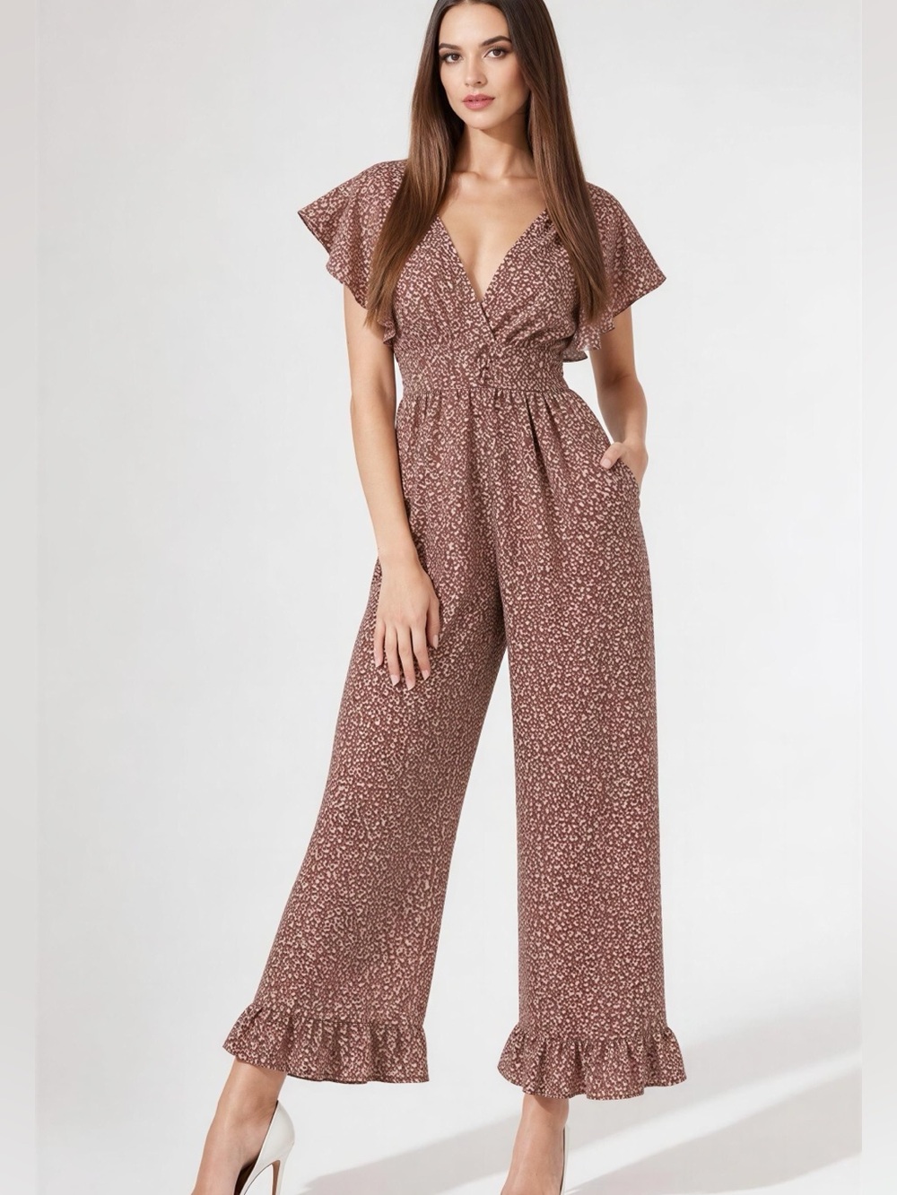 Storia Rust Floral Cropped Jumpsuit with Ruffle Sleeves